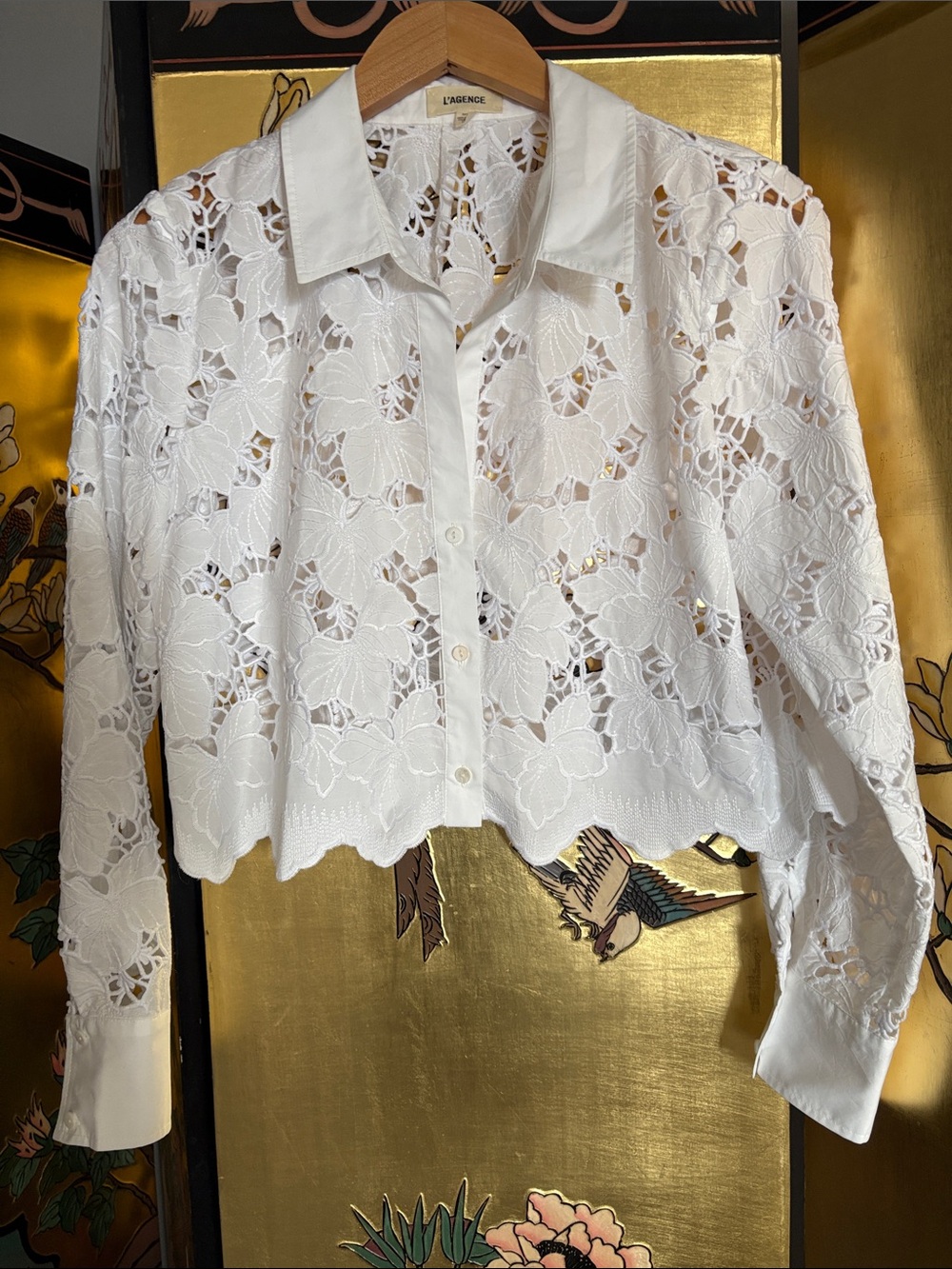 L'AGENCE White Floral Eyelet Lace Button-Down Shirt
